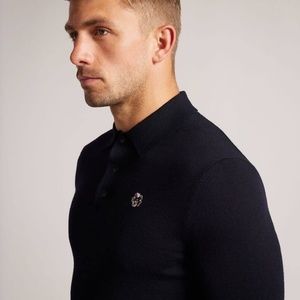 Ted Baker London Wembley Merino Wool Long Sleeve Polo Shirt Navy Size 4 $200mrsp